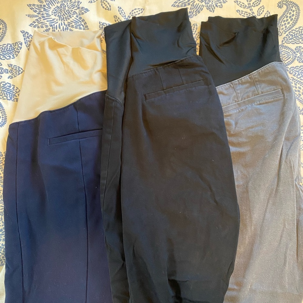 Maternity Front Panel Pants Trio in Black, Navy, and Gray